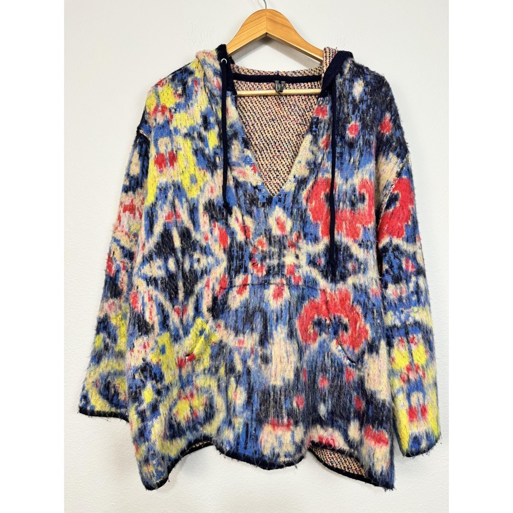Anthropologie Relaxed Hooded Sweater Women's Medium Fuzzy Multicolor Pocket Wool